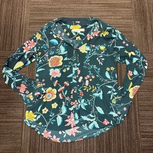 LOFT Dark Teal Floral Button Down Shirt Lime Green and Pink Flowers